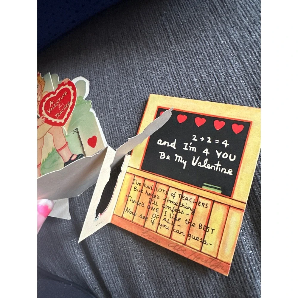 Vintage Teacher Valentine Cards Lot of 3 Mechanical Die Cut 1940s 1950s Ephemera
